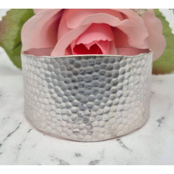 Brushed Silver Tone Hammered Wide Cuff Bracelet Brutalist Statement Piece - Picture 1 of 8